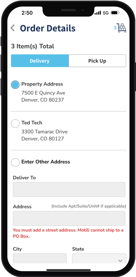 Choose Delivery or Pick Up